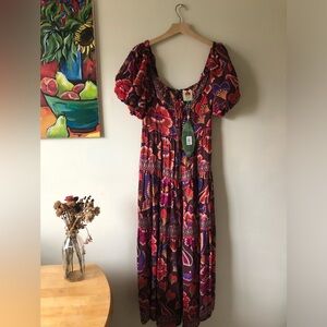 NWT Farm Rio Bright Flora Brown Short Sleeve Maxi Dress